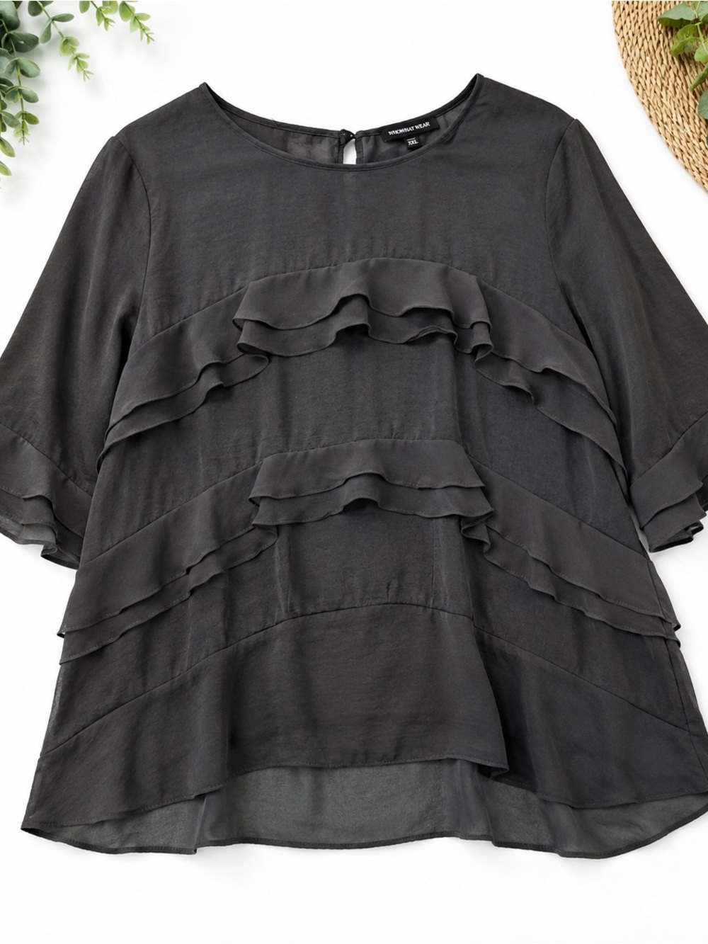Who What Wear XXL Black Ruffle Blouse Sheer Peplum Long Sleeve